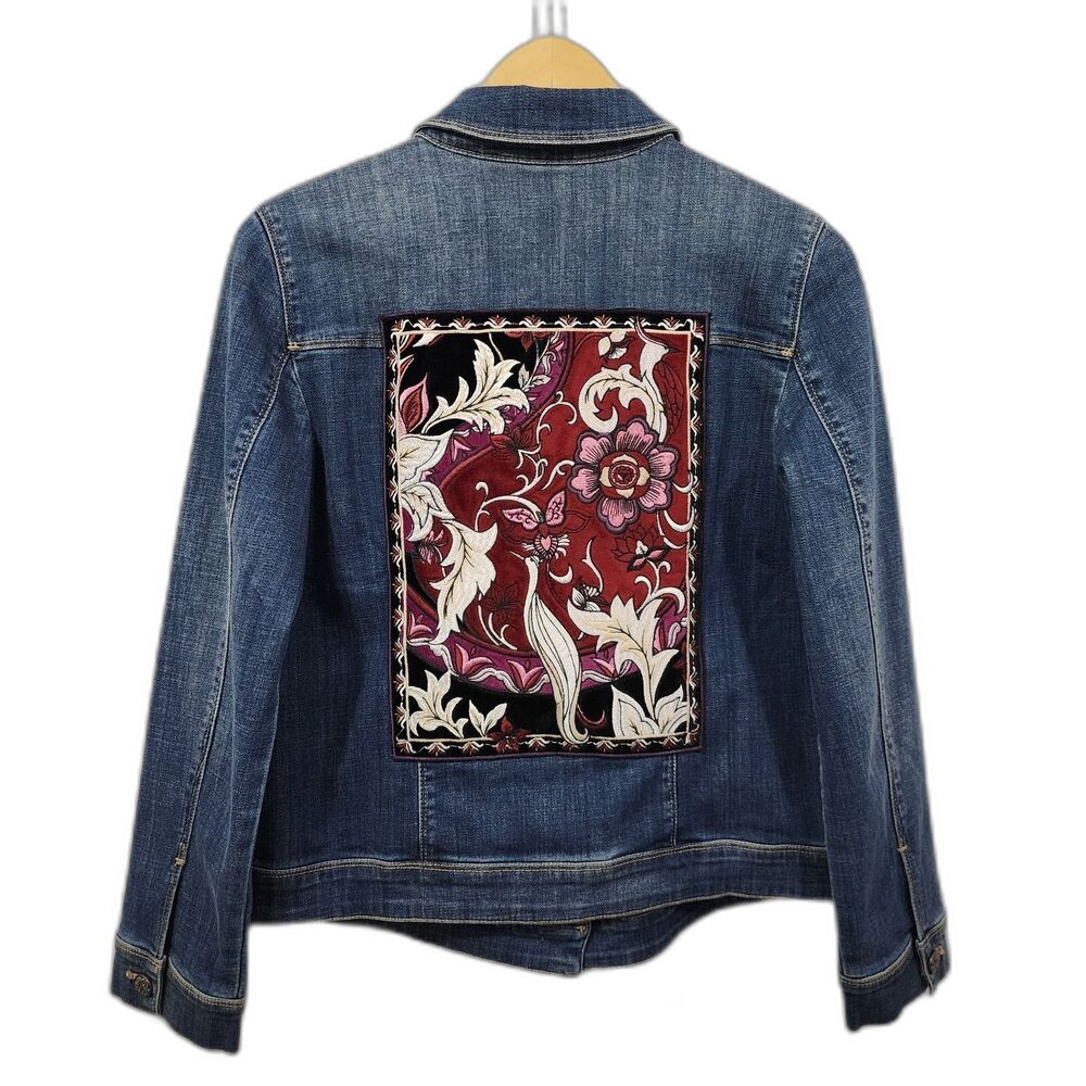 Chicos Denim Jacket Embroidered Floral Peacock Velvet Patch Boho Blue Jean S/4